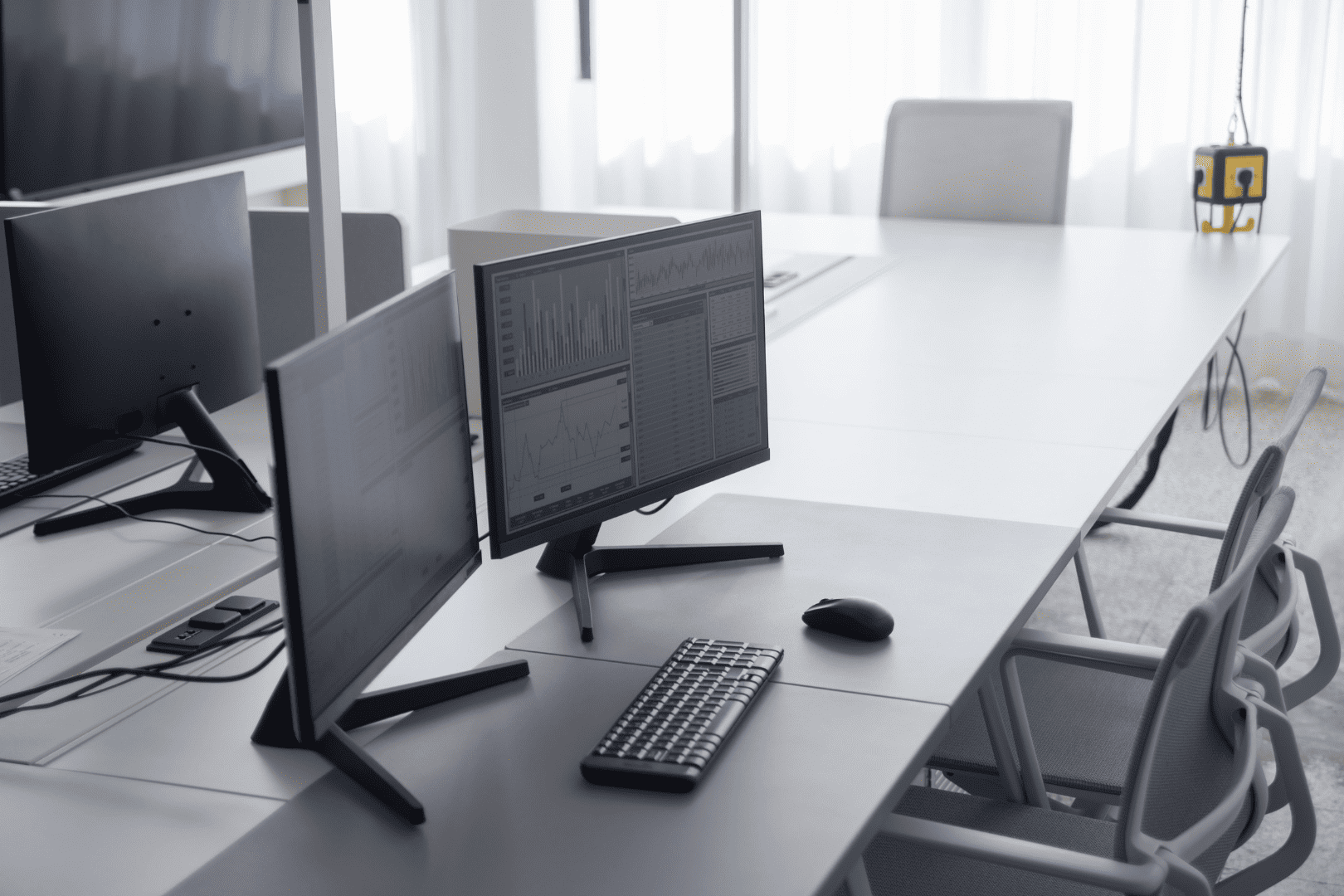 Postes de travail en entreprise avec 2 écrans clavier et souris