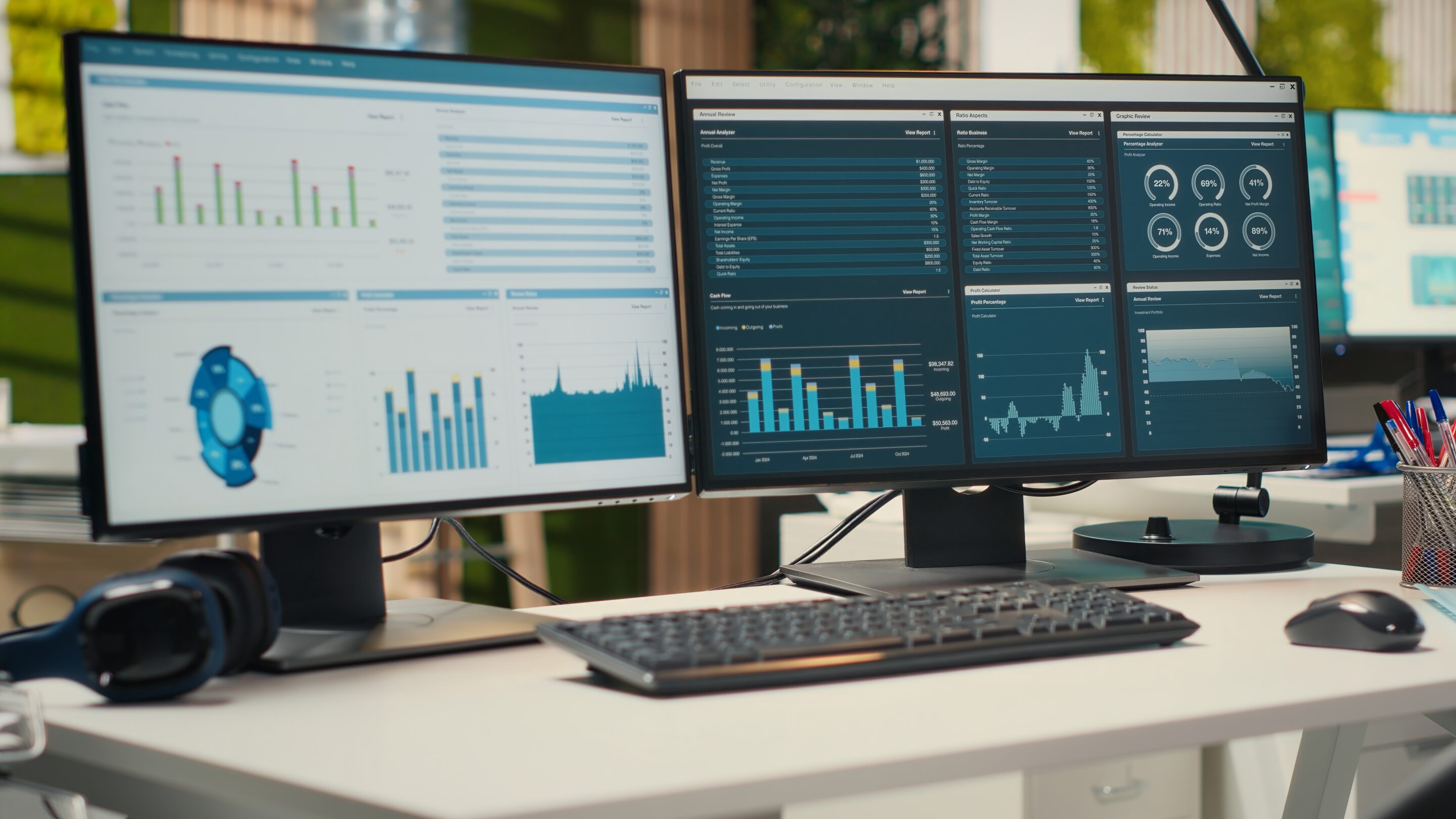 Ecrans d'ordinateurs  sur un bureau avec graphiques et statistiques